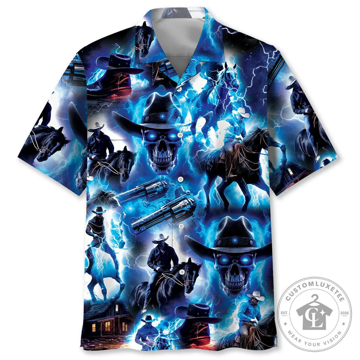 Thunder Cowboy Shirt with Lightning Skull and Horse Design Hawaiian Shirt