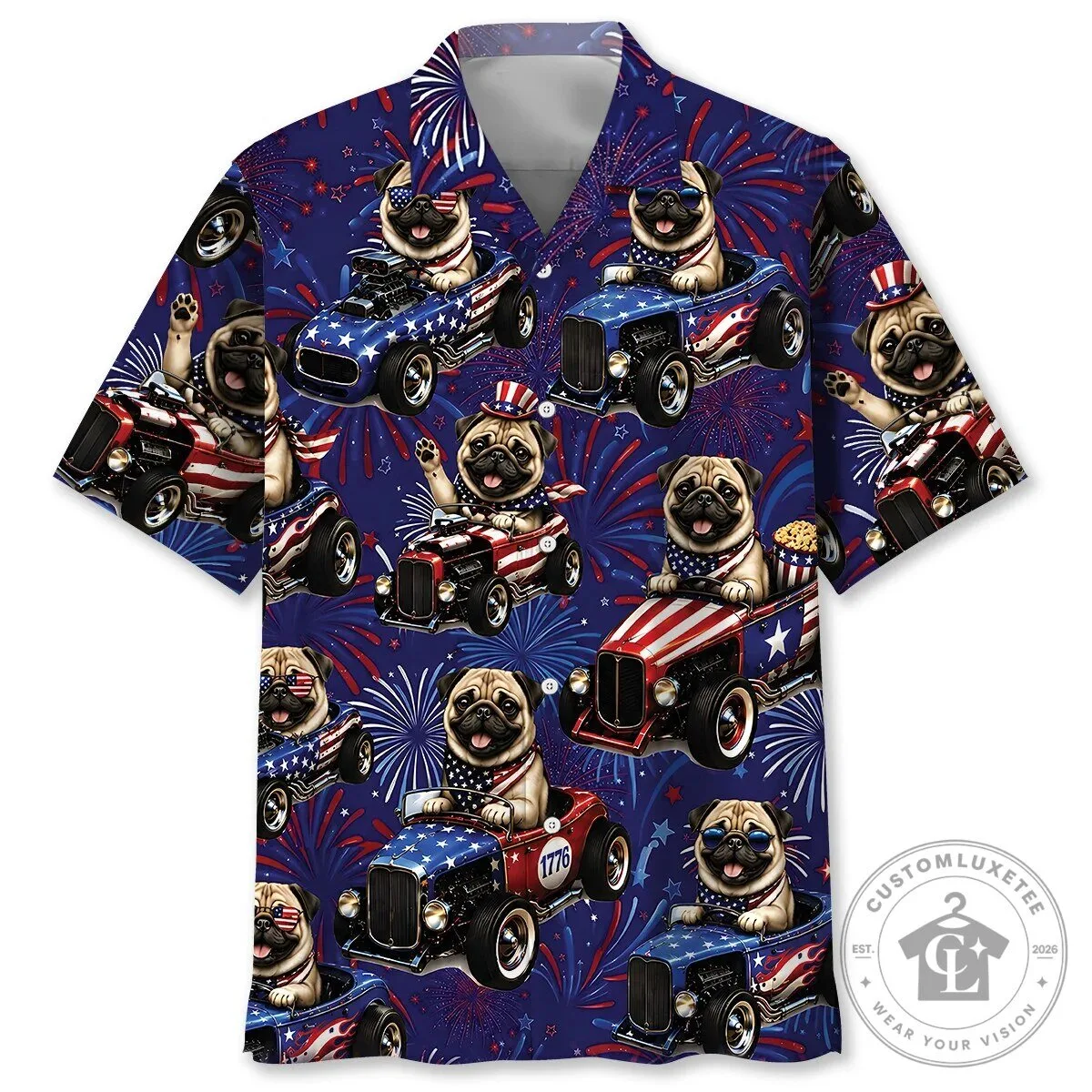 Fourth of July Pug Dog Hot Rod Car Fireworks Patriotic Hawaiian Shirt