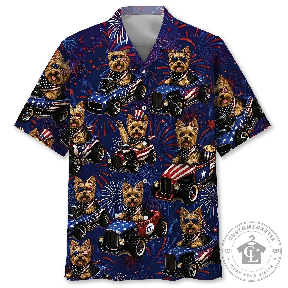 Funny Yorkshire Terrier Dog Fourth of July Hot Rod Hawaiian Shirt