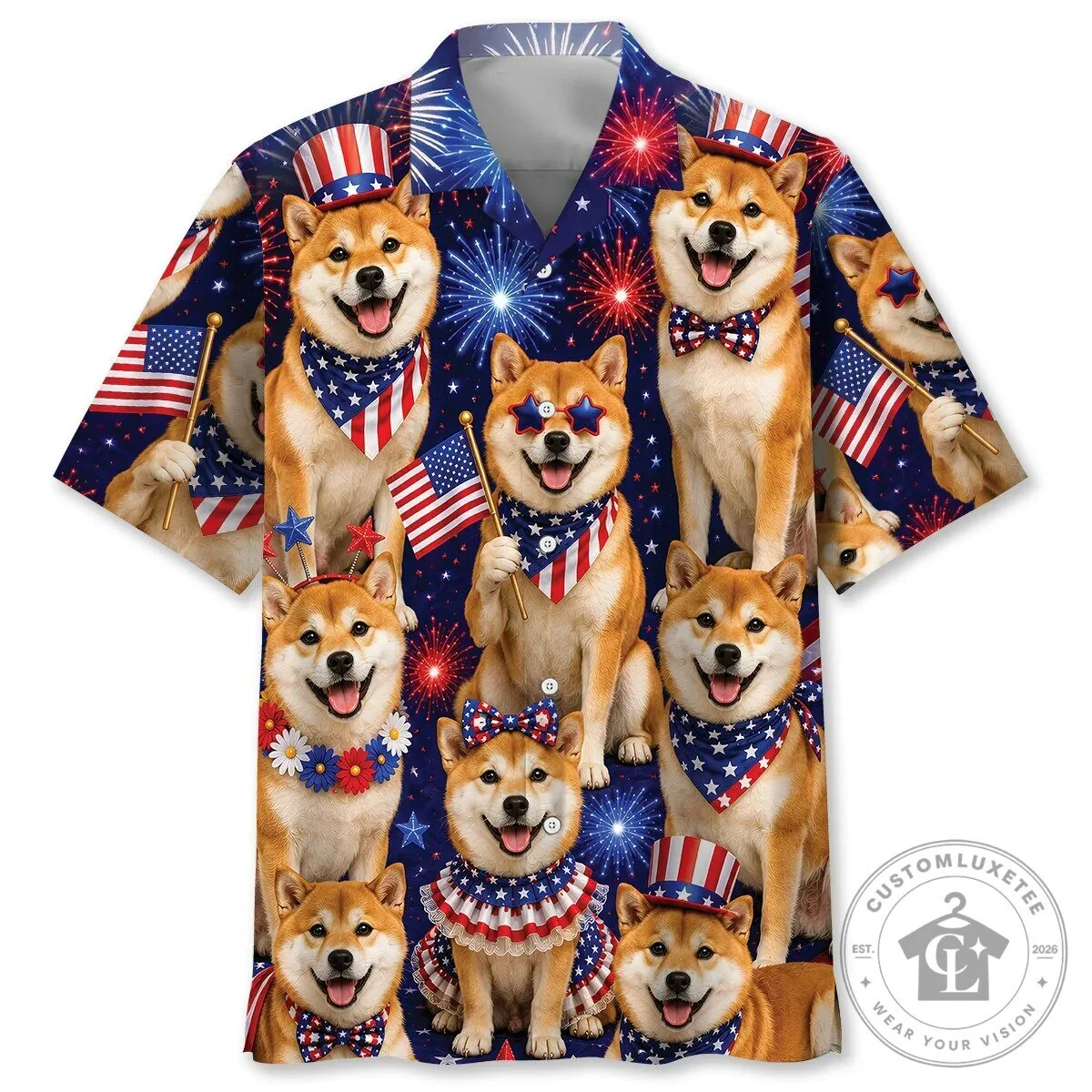 Patriotic Shiba Inu Dogs Fourth of July Fireworks Hawaiian Shirt