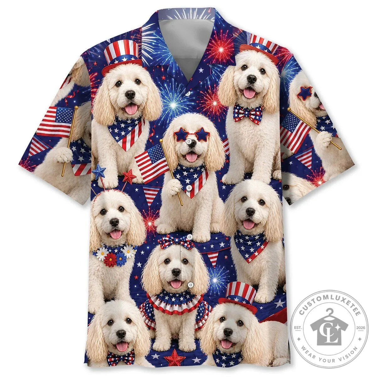 Patriotic Goldendoodle American Flag Fireworks Hawaiian Shirt