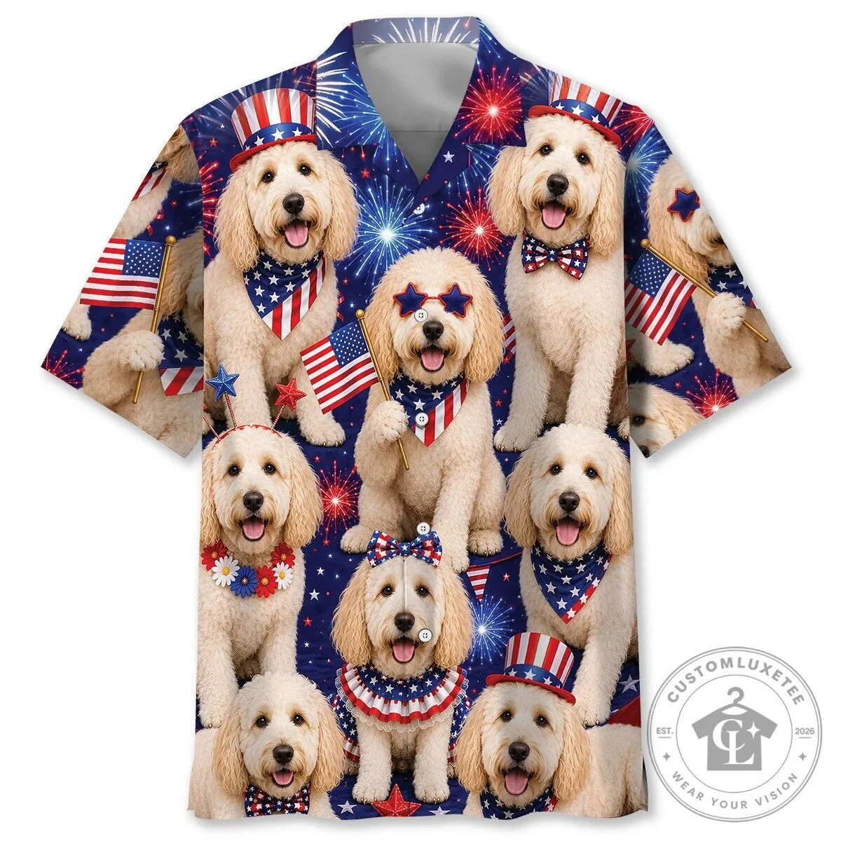 Patriotic Goldendoodle Dogs Fourth of July Fireworks Hawaiian Shirt