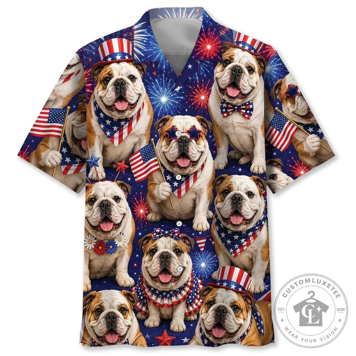 English Bulldog Patriotic Fourth of July Hawaiian Shirt for Men and Women