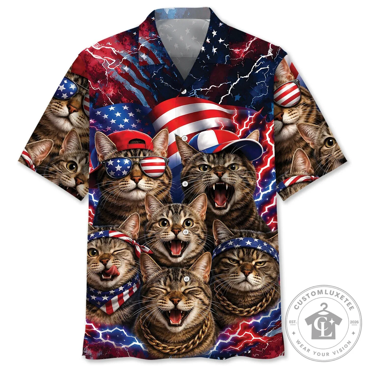 Funny Tabby Cats American Flag Patriotic Hawaiian Shirt