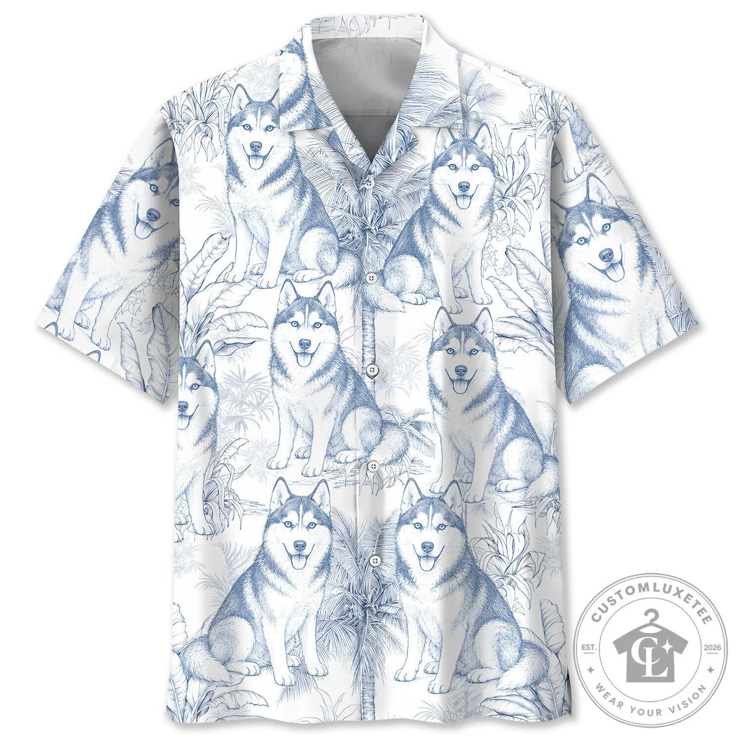 Siberian Husky Dog Breed Tropical Pattern White Hawaiian Shirt