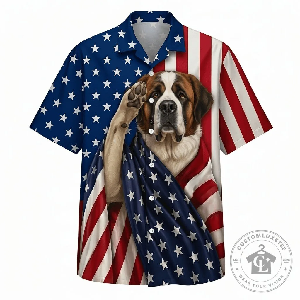 Saint Bernard Dog American Flag Patriotic Hawaiian Shirt