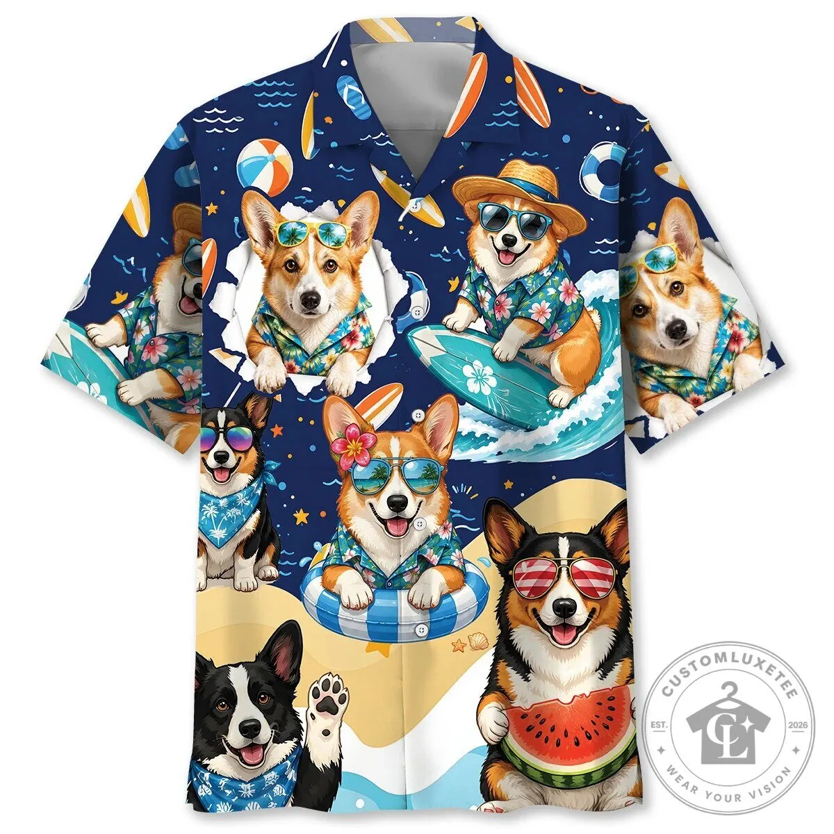 Cute Corgi Beach Holiday Hawaiian Shirt for Men and Women