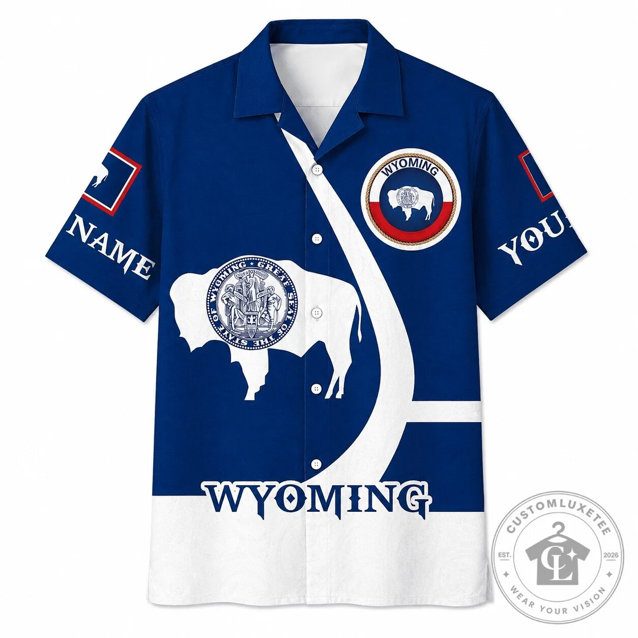 Wyoming State Flag Bison Silhouette Blue White Hawaiian Shirt