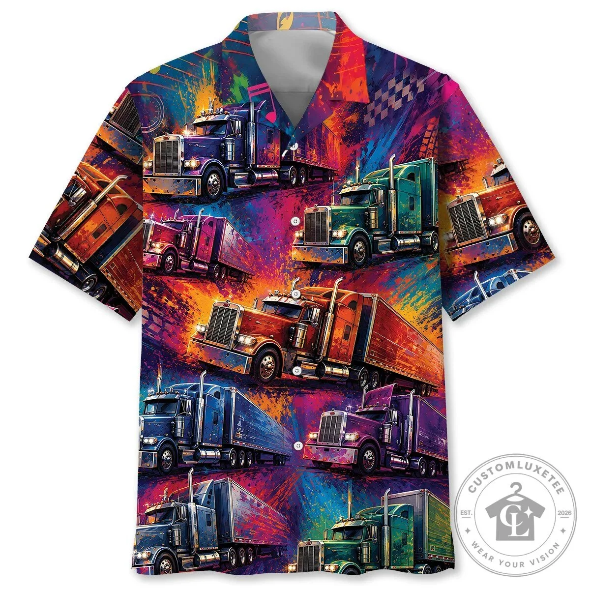 Colorful Semi Truck Abstract Art Hawaiian Shirt for Truckers