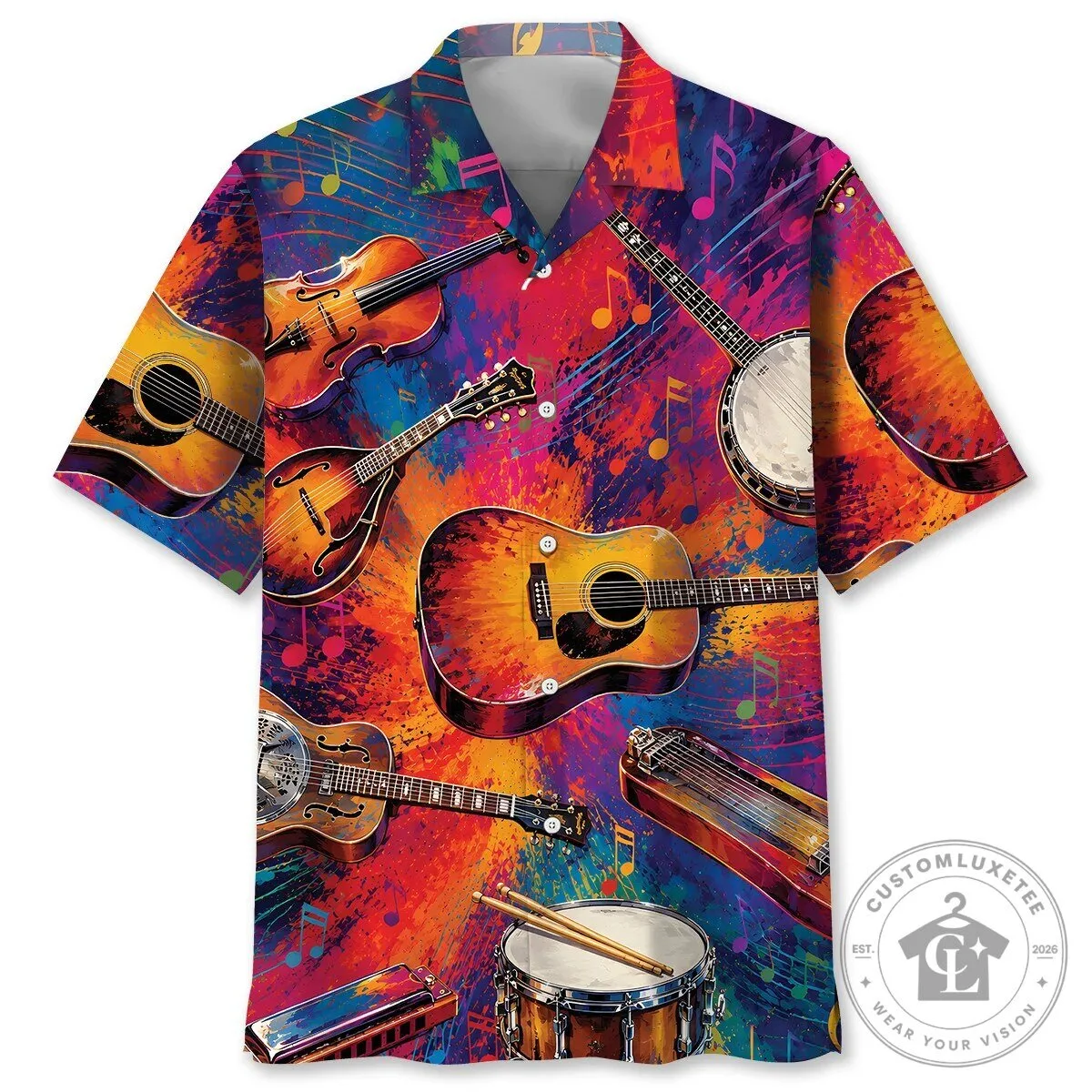 Hawaiian Shirt Featuring Colorful Abstract Art of Musical Instruments