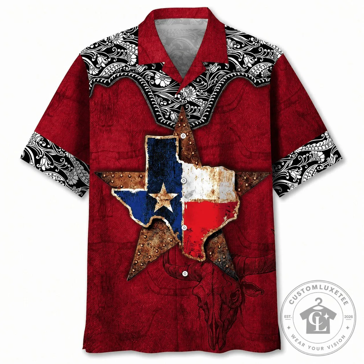 Vintage Red Hawaiian Shirt with Texas State Flag Map Design