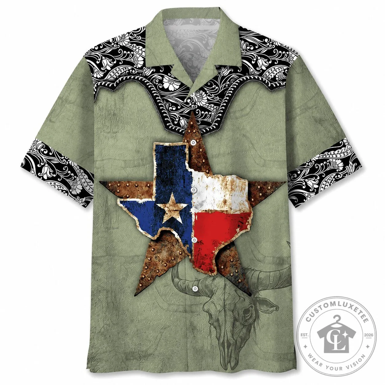 Vintage Green Hawaiian Shirt Featuring Texas State Flag and Bull Skull Design