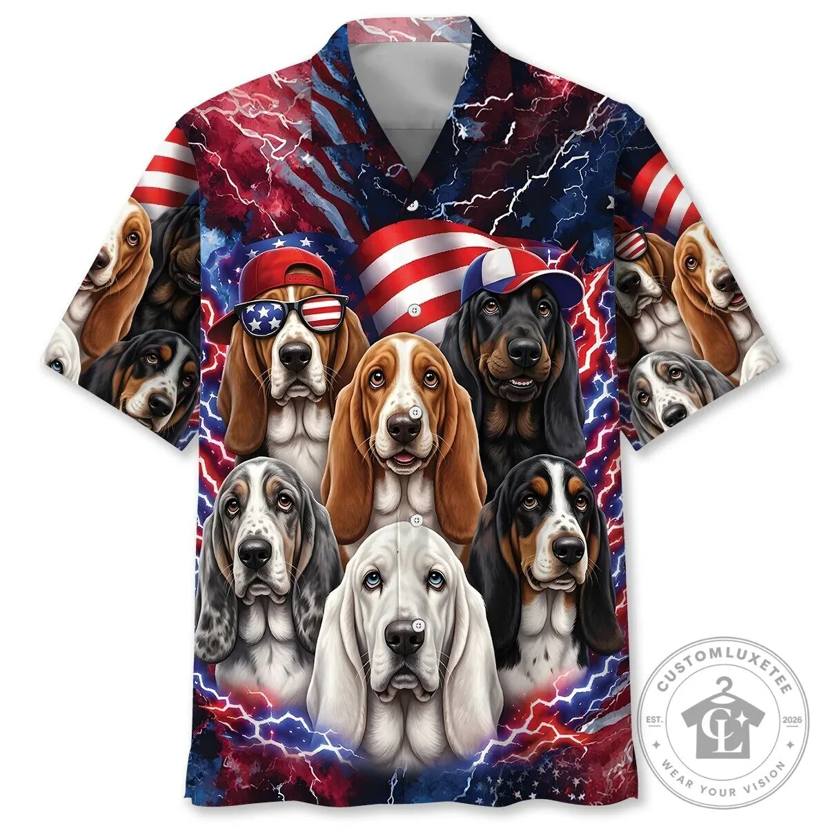 Basset Hound Patriotic American Flag Lightning Hawaiian Shirt