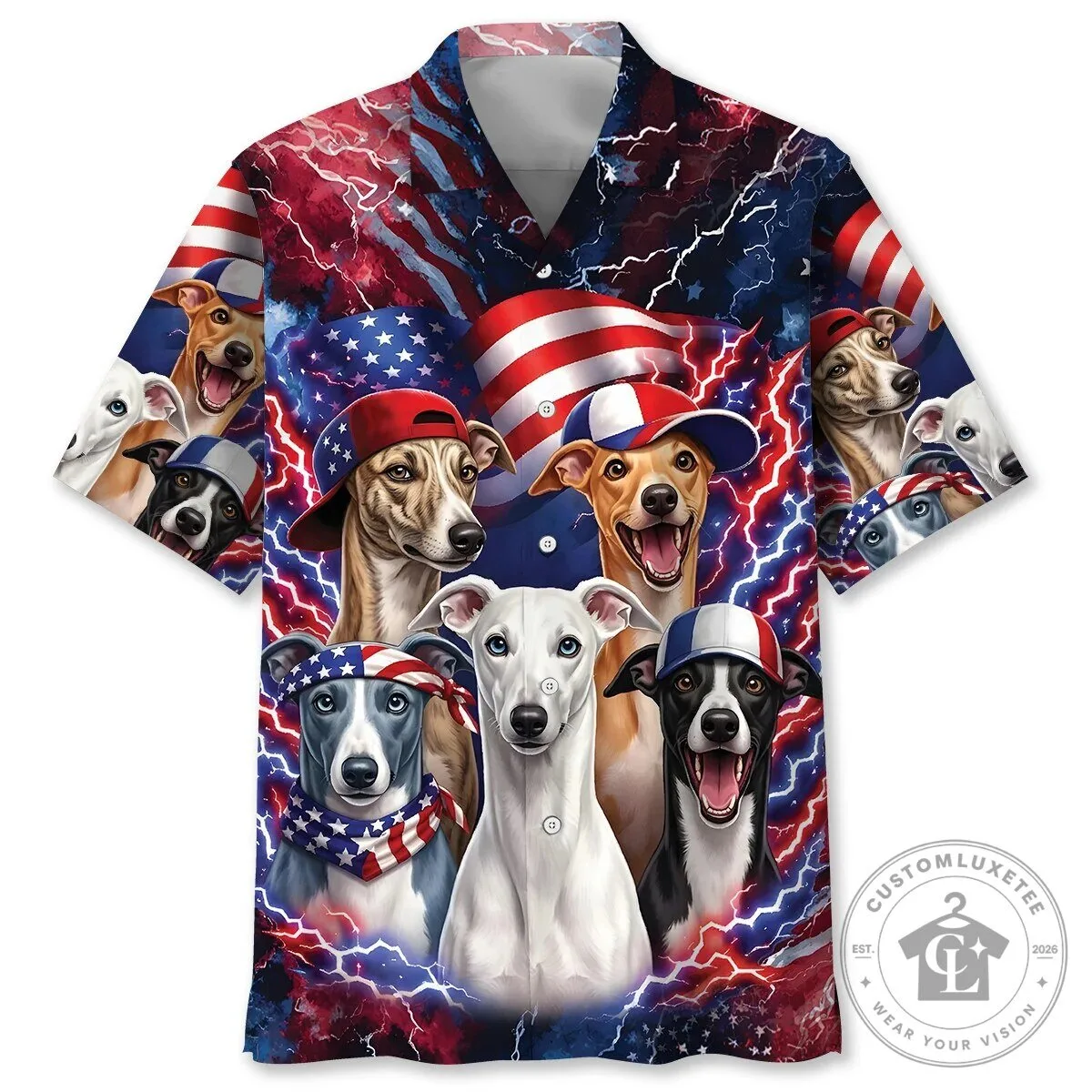 Whippet Dog American Flag Patriotic Independence Day Hawaiian Shirt