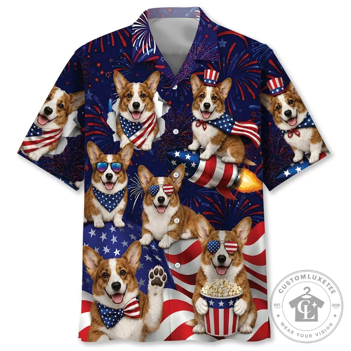 Fourth of July Corgi Patriotic Fireworks American Flag Hawaiian Shirt