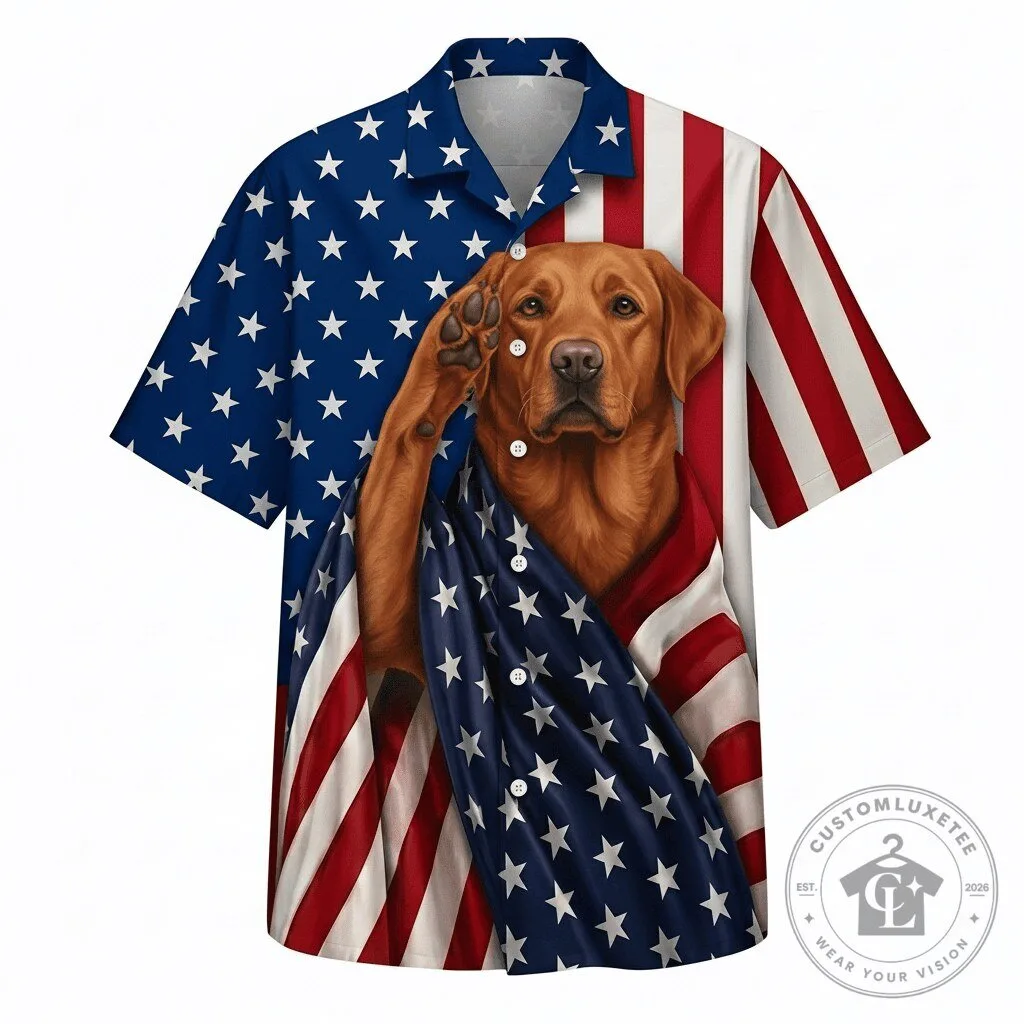 Fox Red Labrador Retriever Patriotic American Flag Hawaiian Shirt
