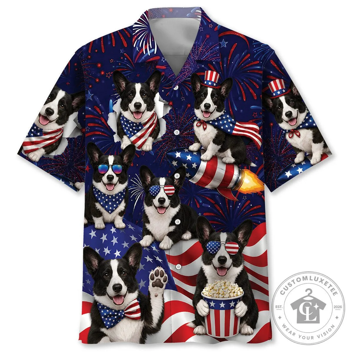 Fourth of July Corgi Dog American Flag Fireworks Hawaiian Shirt