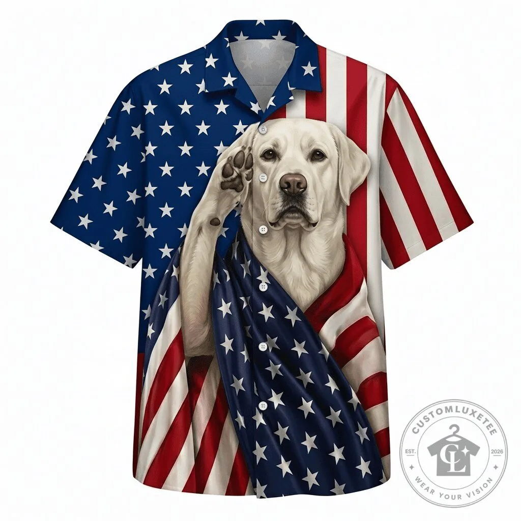 Patriotic White Labrador Retriever American Flag Hawaiian Shirt