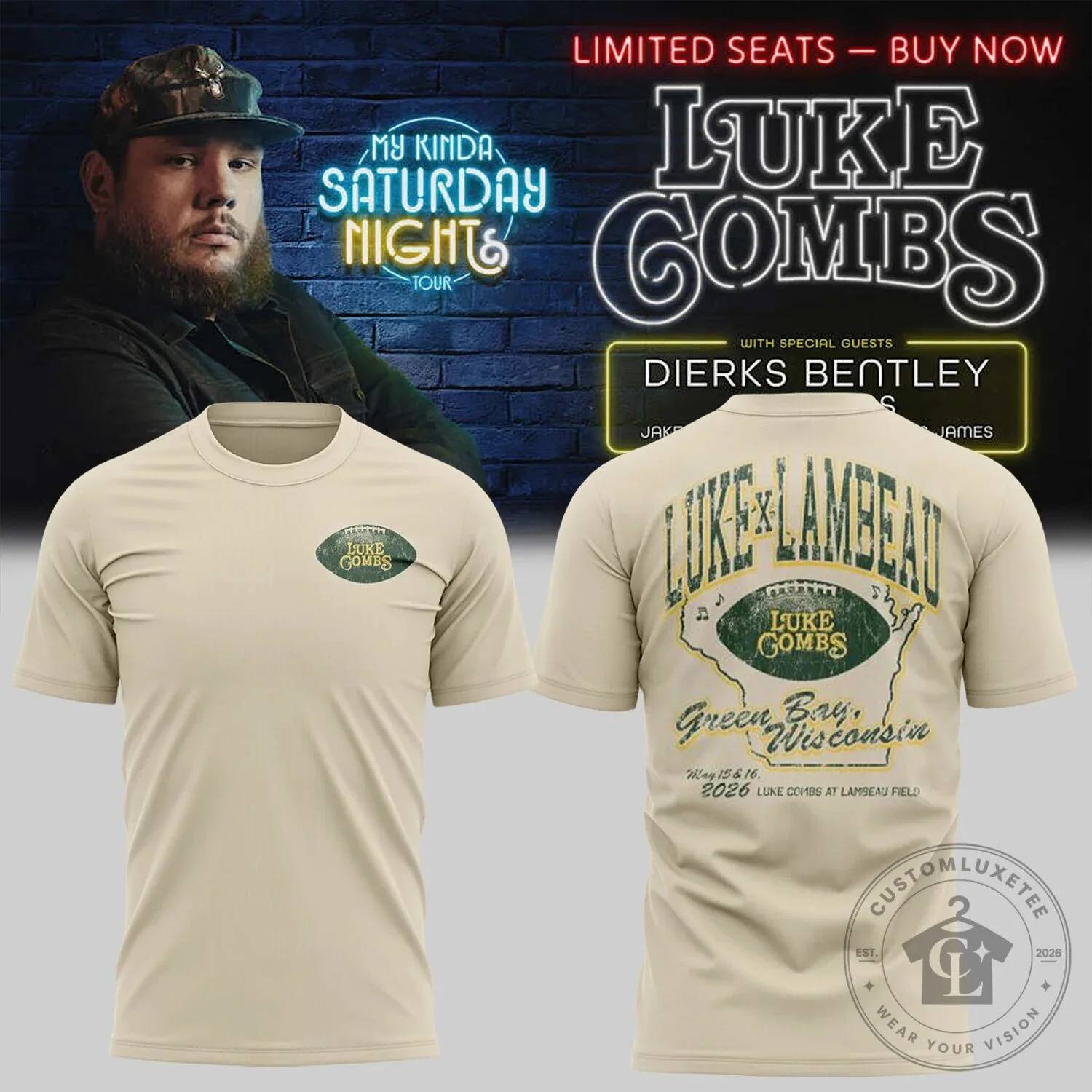 Luke Combs Lambeau Field My Kinda Saturday Night Tour Green Bay Wisconsin T-Shirt