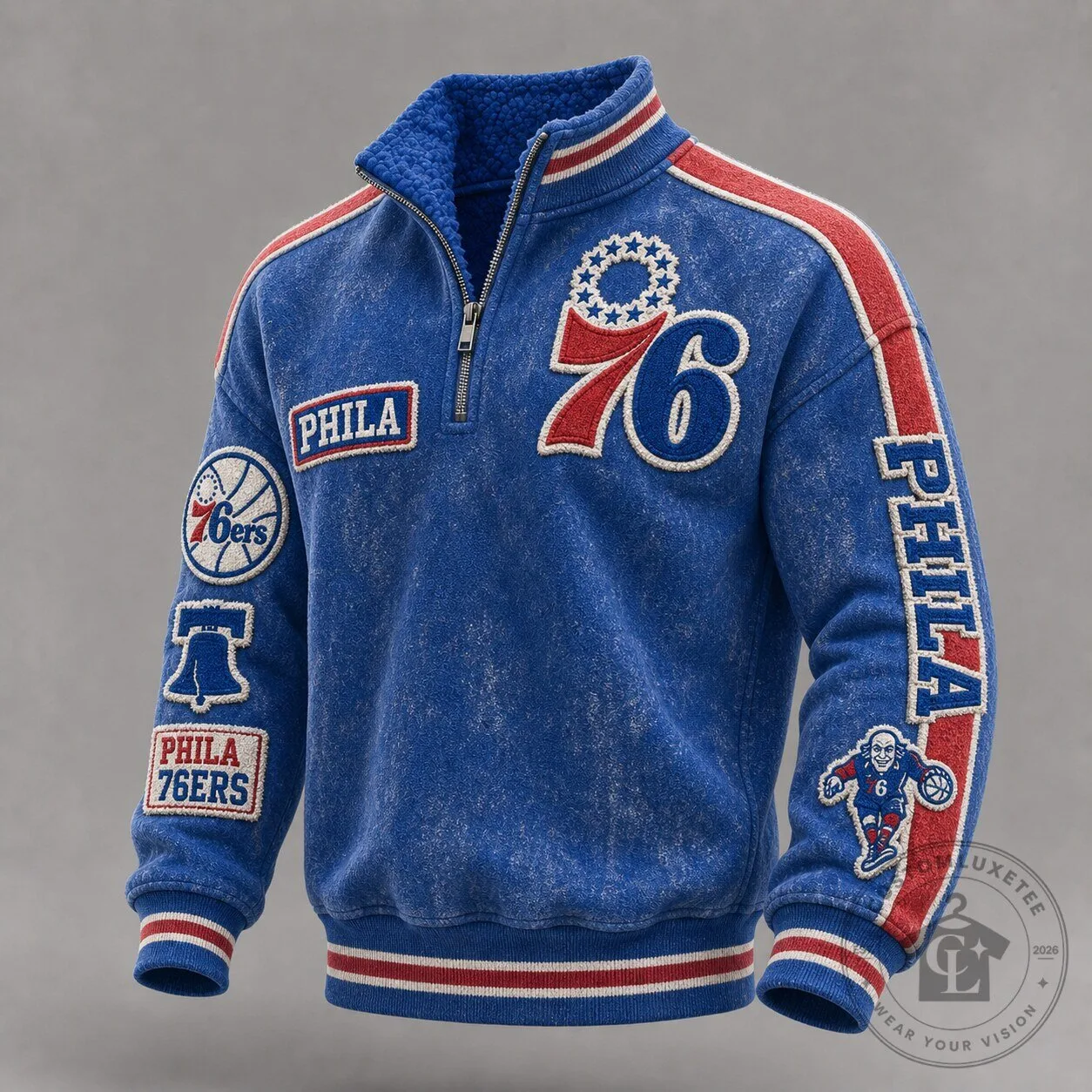 Philadelphia 76ers Men's Blue Quarter-Zip Fleece Sweatshirt with Embroidered Patches