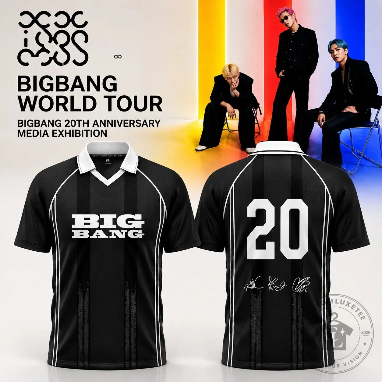 BIGBANG 20TH 展示会 Tシャツ ホワイト サイズ2 XL Big Bang 20th Anniversary World Tour Black and White Polo Shirt
