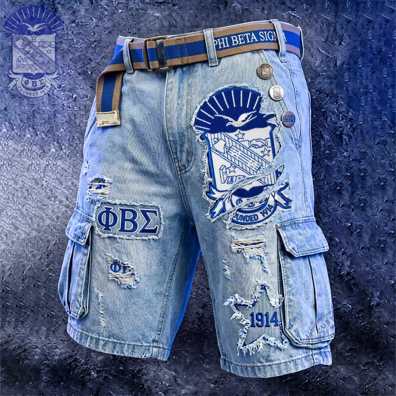 Cargo Shorts in Distressed Denim with Belt for Phi Beta Sigma Fraternity