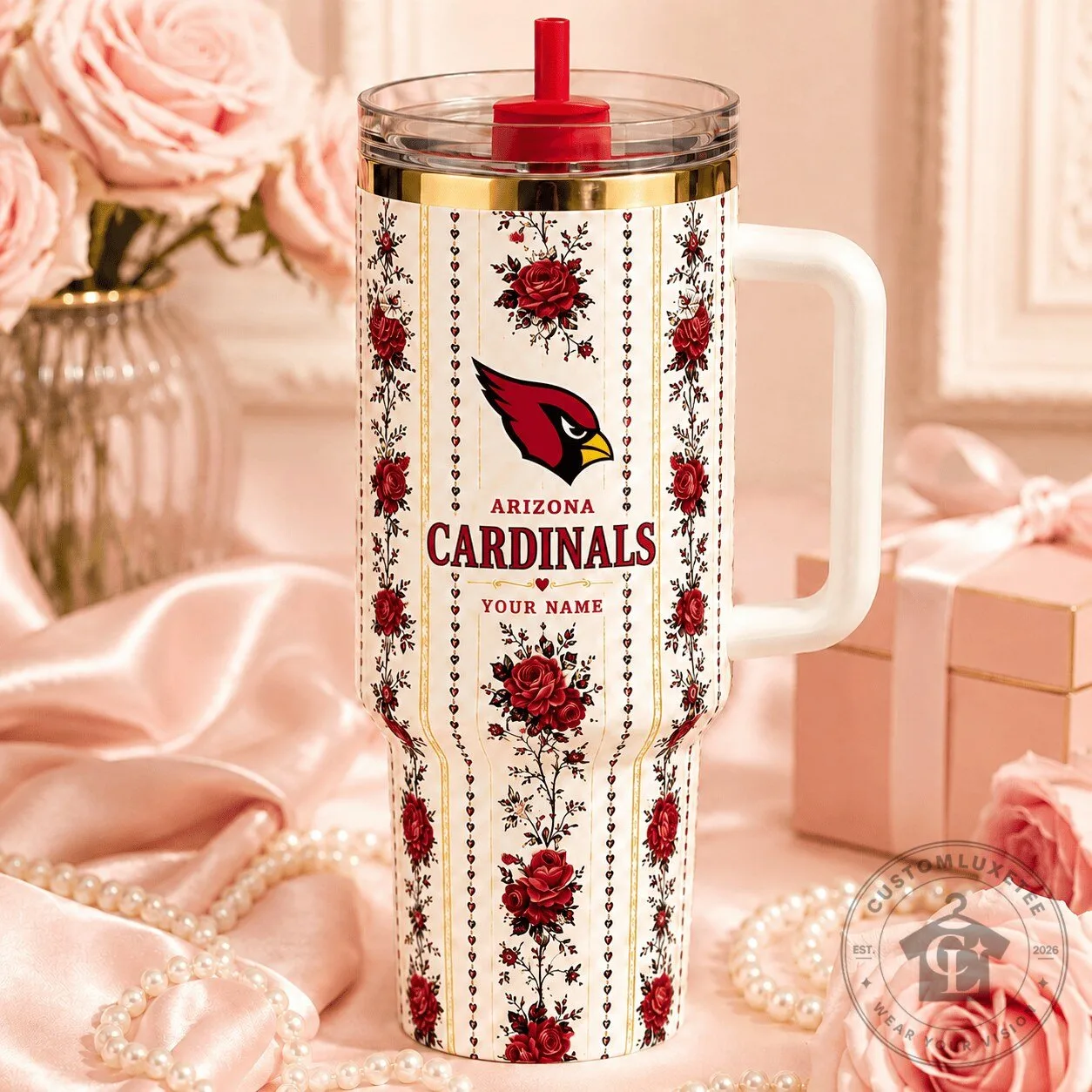 Arizona Cardinals NFL Football Floral Pattern Personalized Handle Tumbler
