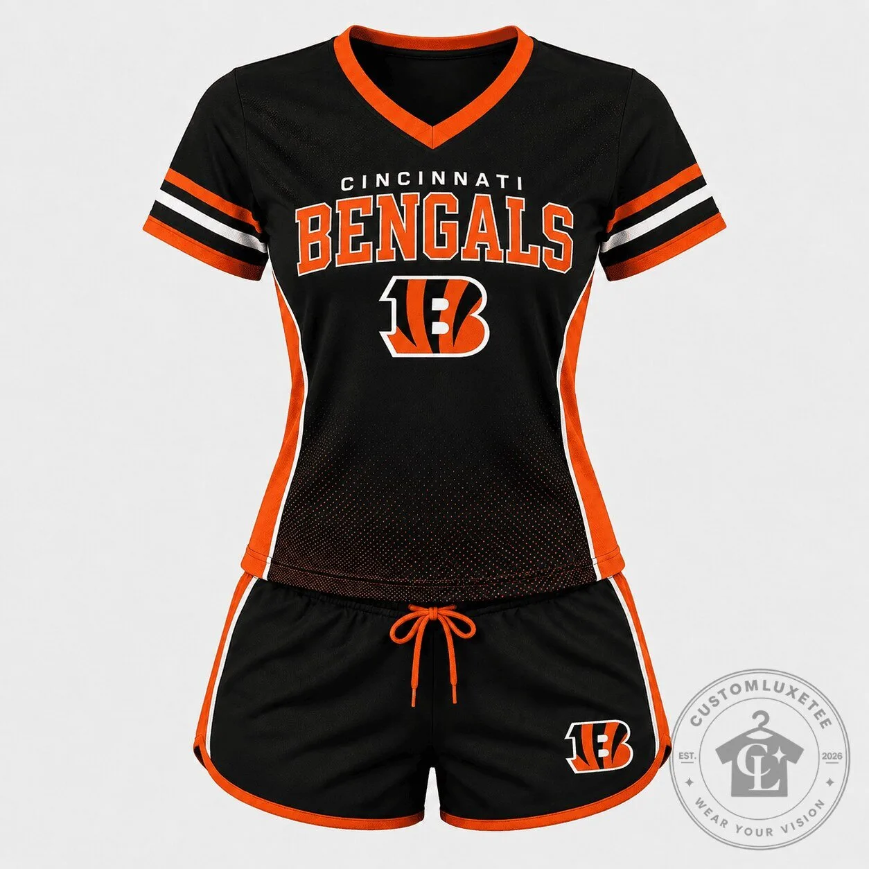 Cincinnati Bengals Women's Black and Orange V-Neck Football Jersey and Shorts Set