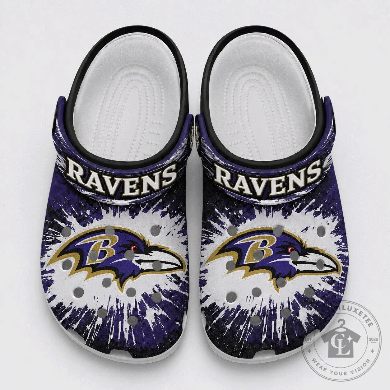 Baltimore Ravens NFL Team Logo Purple Splash Burst Fan Crocs Shoes