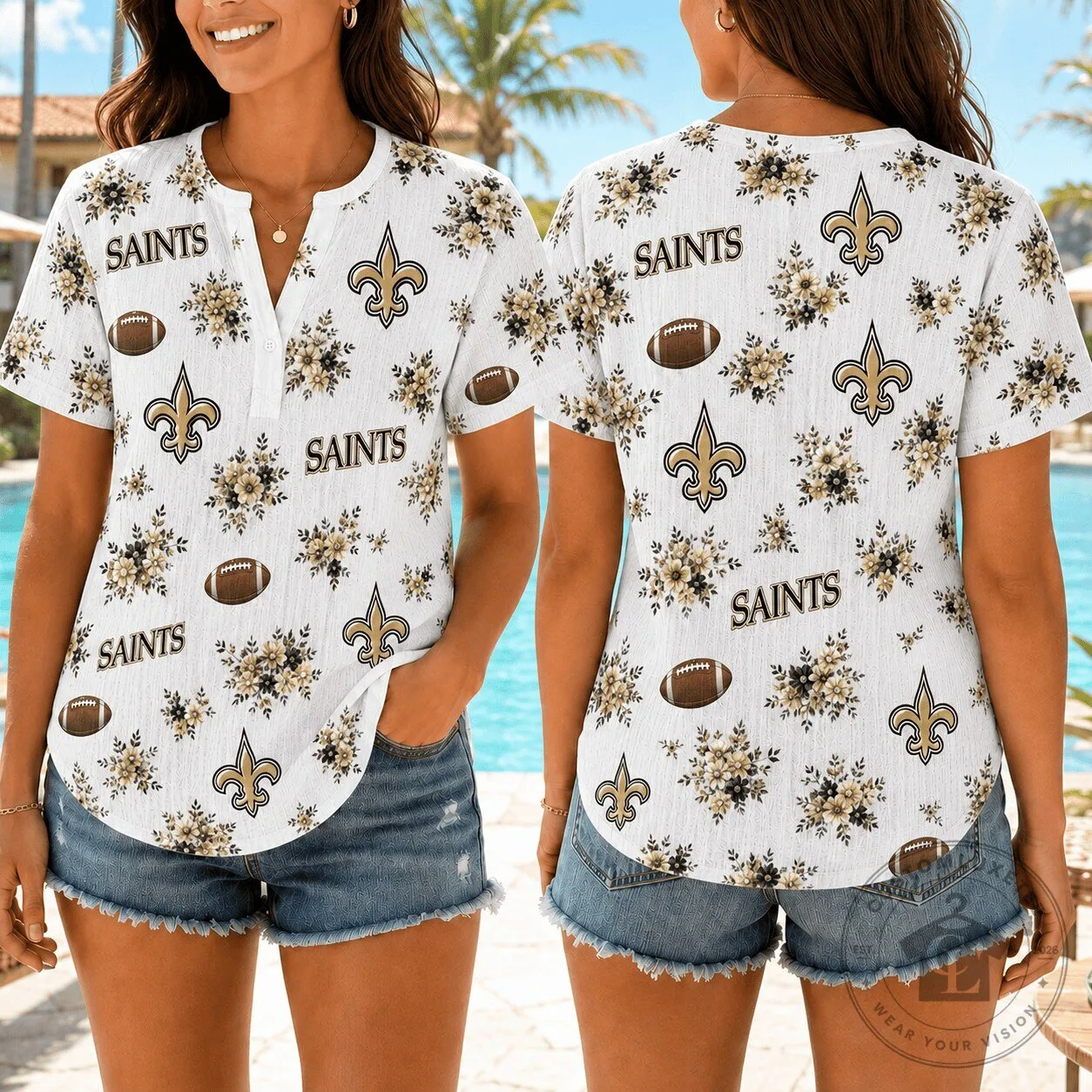 New Orleans Saints Floral Pattern Football Team Women's Short Sleeve Shirt