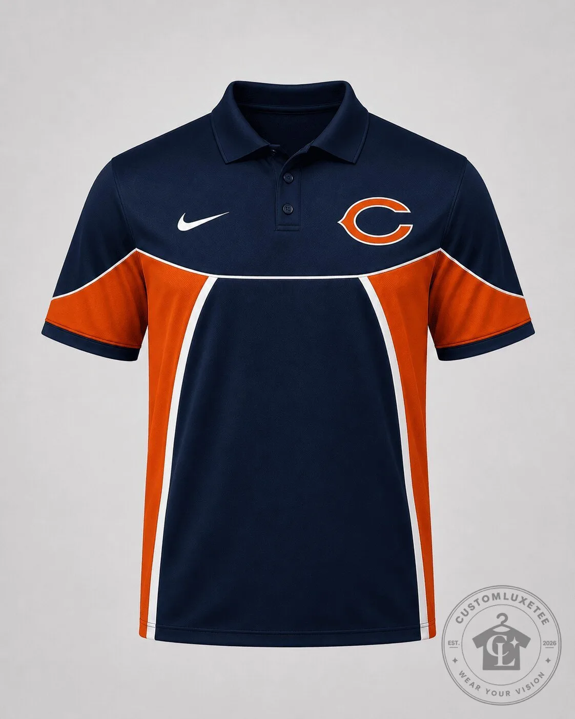 Chicago Bears NFL Team Logo Navy Blue and Orange Performance Polo Shirt