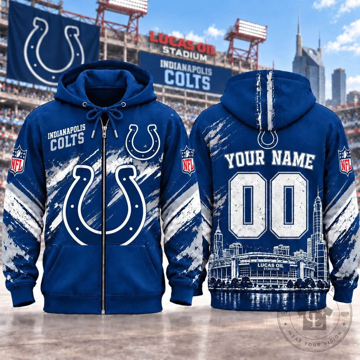 Indianapolis Colts Custom Name And Number Football Team Full Zip Hoodie