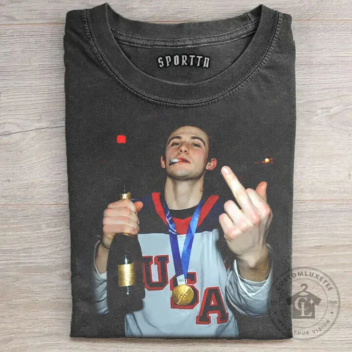 USA Olympic Medal T-Shirt featuring Jack Hughes' Champion Middle Finger Design