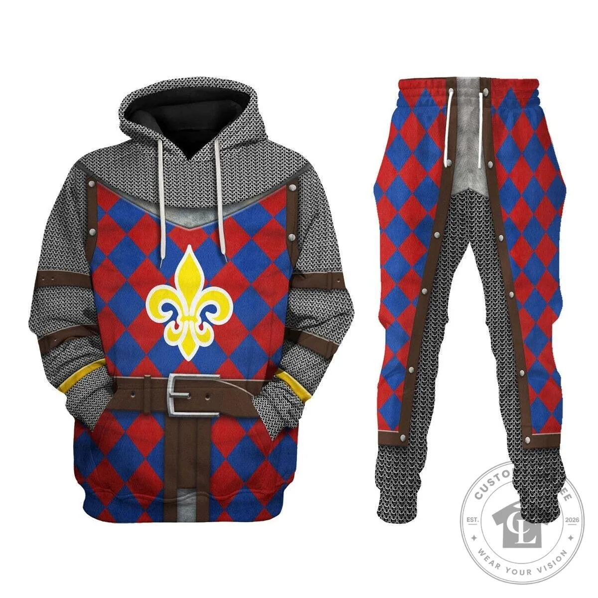 French Knight Fleur de Lis Medieval Armor Chainmail Costume Hoodie