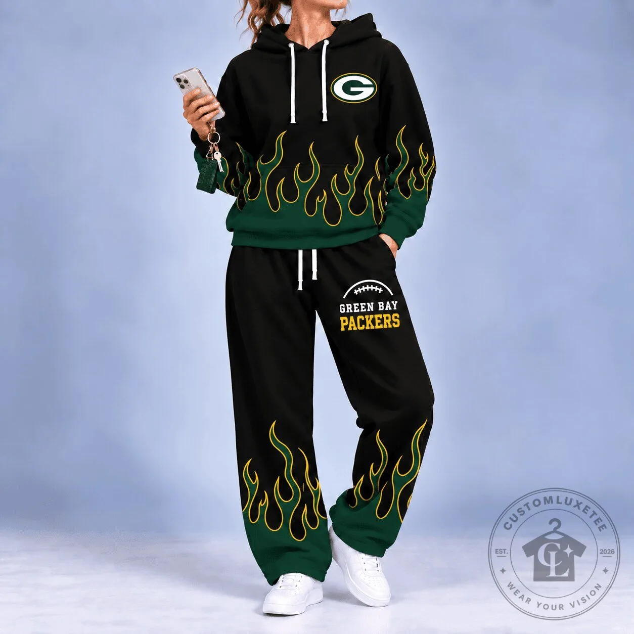 Green Bay Packers NFL Team Flame Hoodie and Pants Set