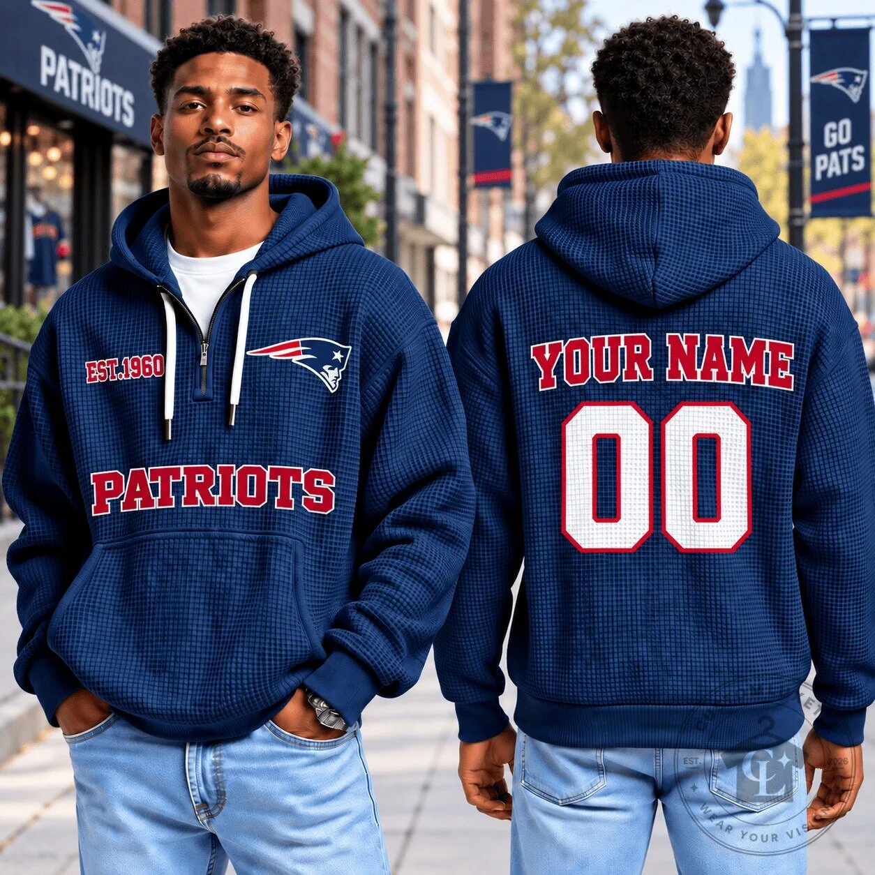 New England Patriots Custom Name and Number Waffle Knit Quarter Zip Hoodie