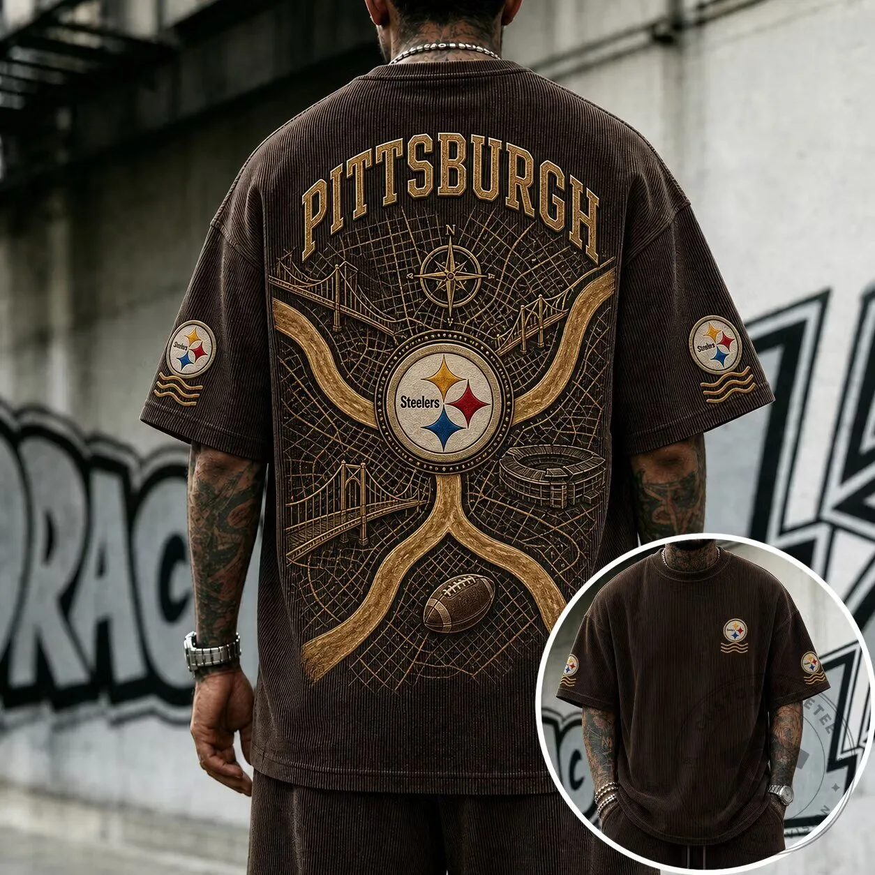 Pittsburgh Football Steelers City Map Vintage Brown T-Shirt