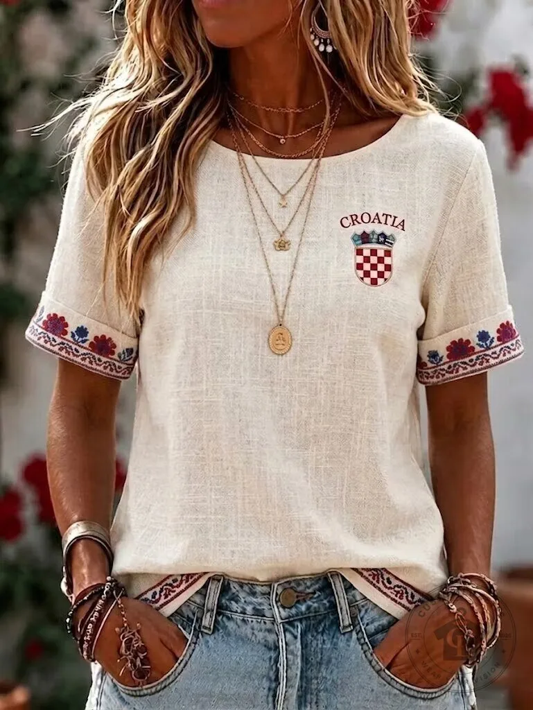 Croatia Embroidered National Emblem Women's Casual Short Sleeve T-Shirt