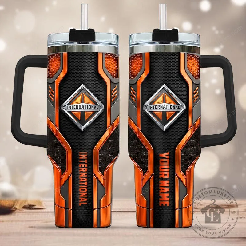 International Harvester Trucks Logo Personalized Orange Black Tumbler With Handle 2 International Harvester Trucks Logo Personalized Orange Black Tumbler With Handle