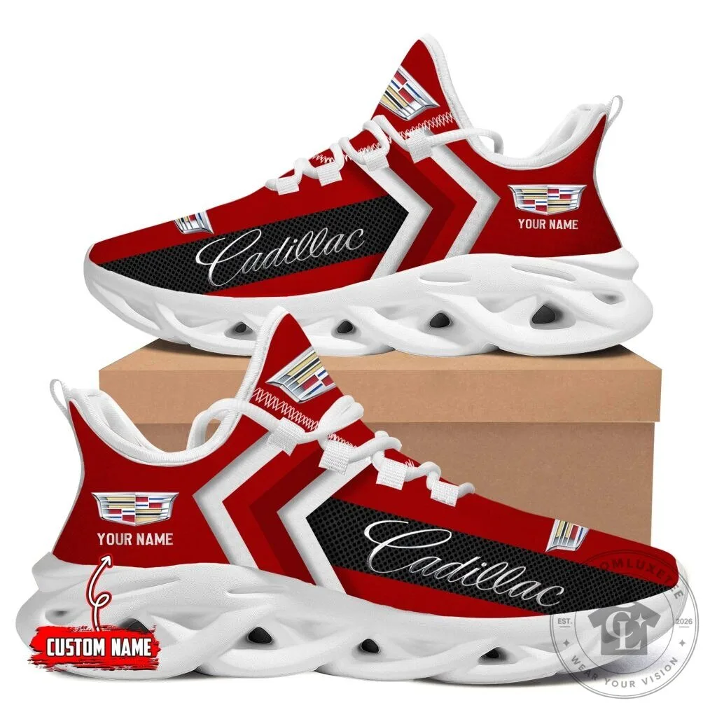 Cadillac Logo Breathable Chunky Sneakers, Custom Name Red and White Shoes
