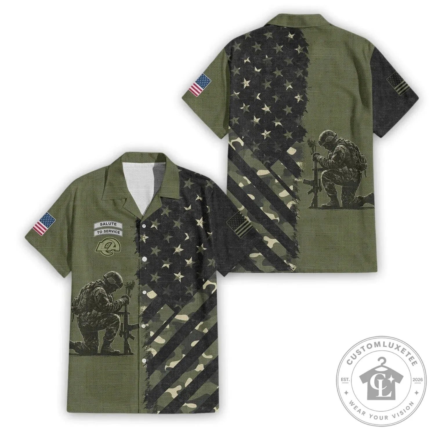 Salute To Service Military Soldier Kneeling American Flag Hawaiian Shirt