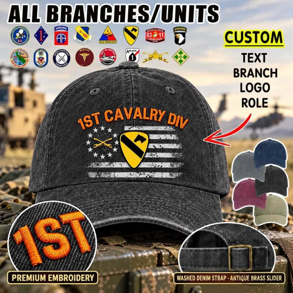 United States Army 1st Cavalry Division Embroidered Washed Denim Baseball Cap United States Army 1st Cavalry Division Embroidered Washed Denim Baseball Cap
