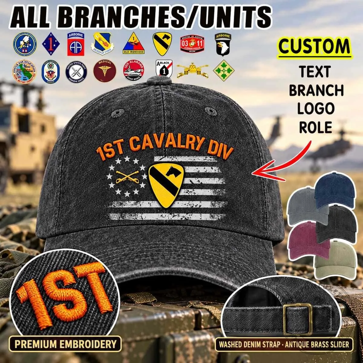 United States Army 1st Cavalry Division Embroidered Washed Denim Baseball Cap