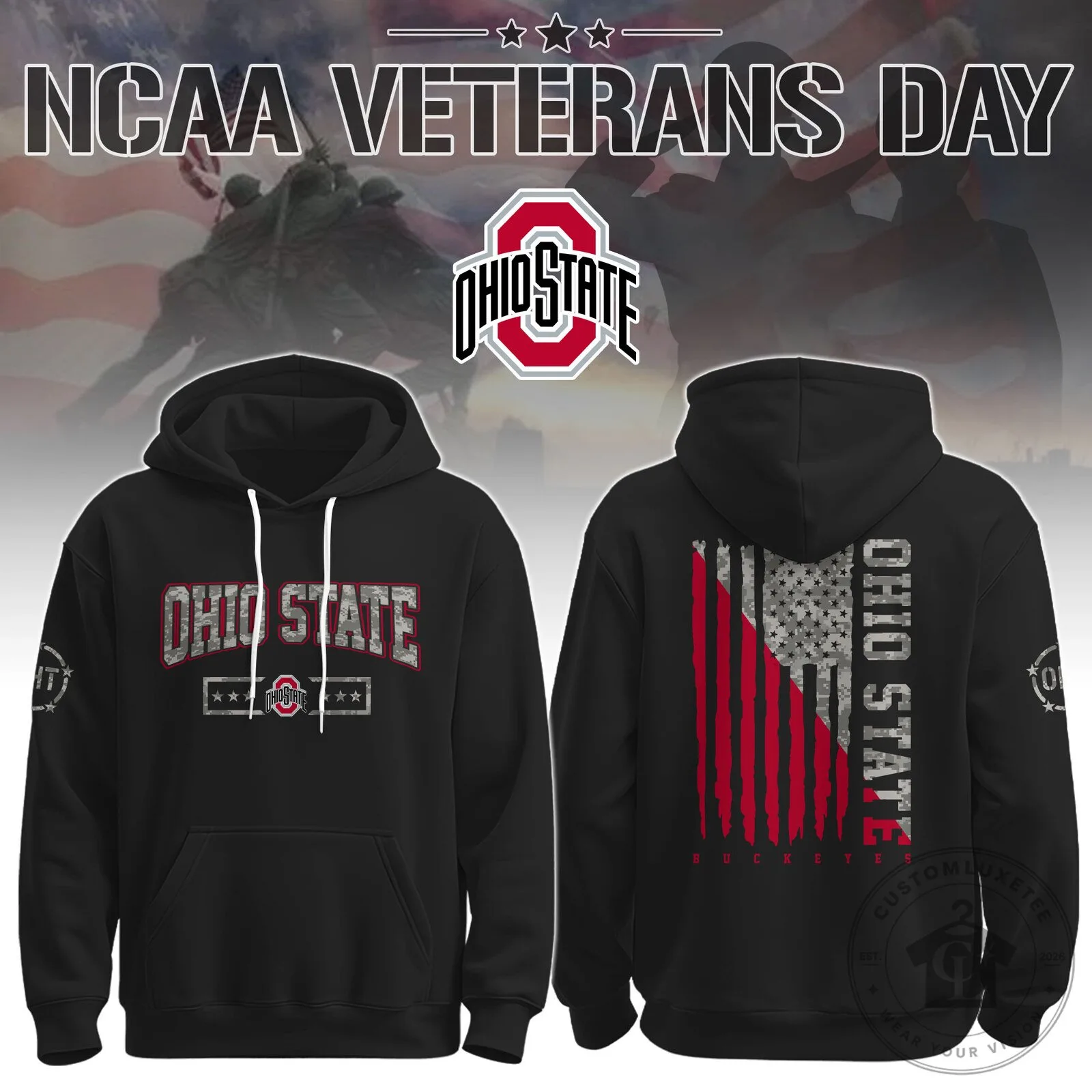 Ohio State Buckeyes NCAA Veterans Day American Flag Black Hoodie