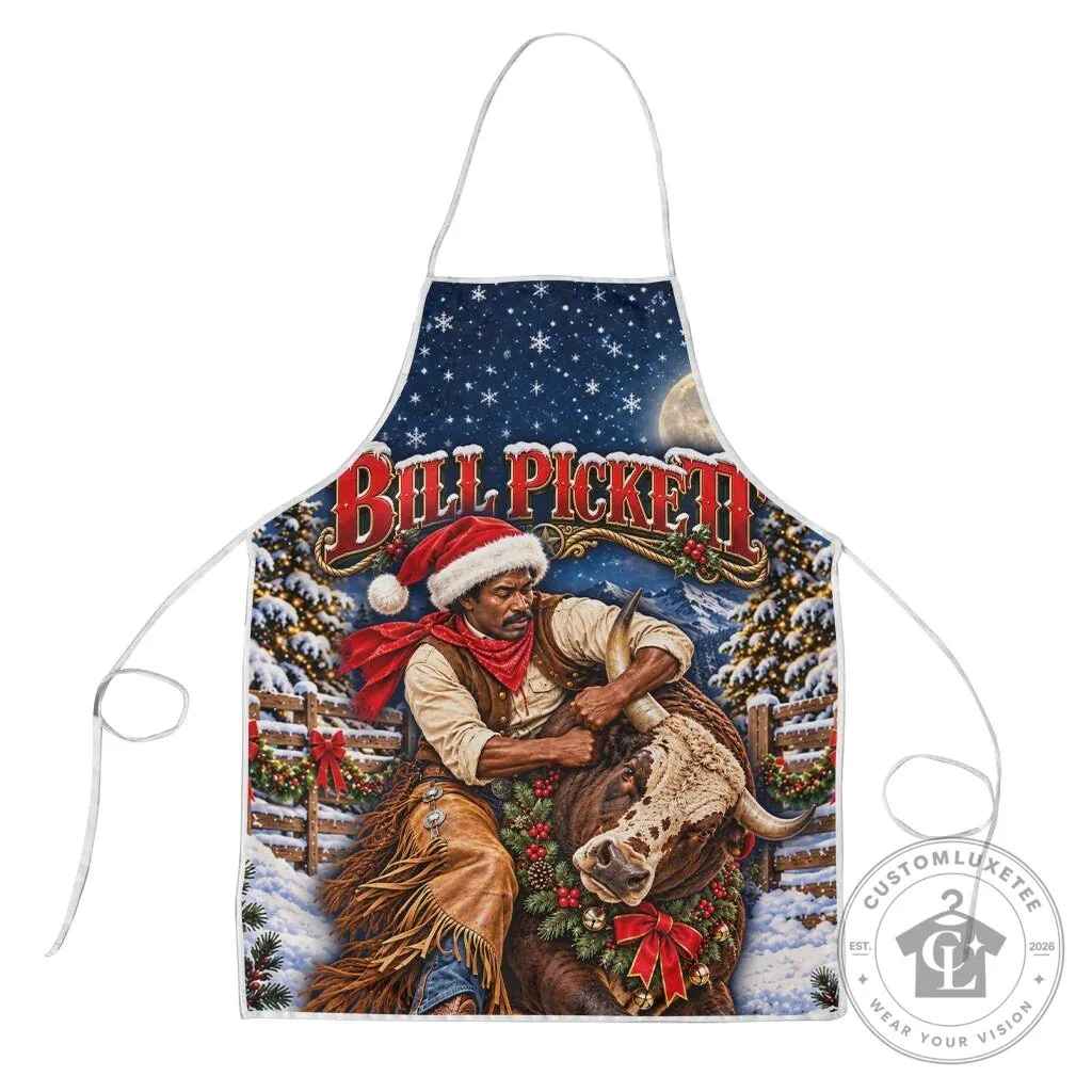 Bill Pickett Christmas Bull Rider Snowy Winter Western Rodeo Night Art Apron