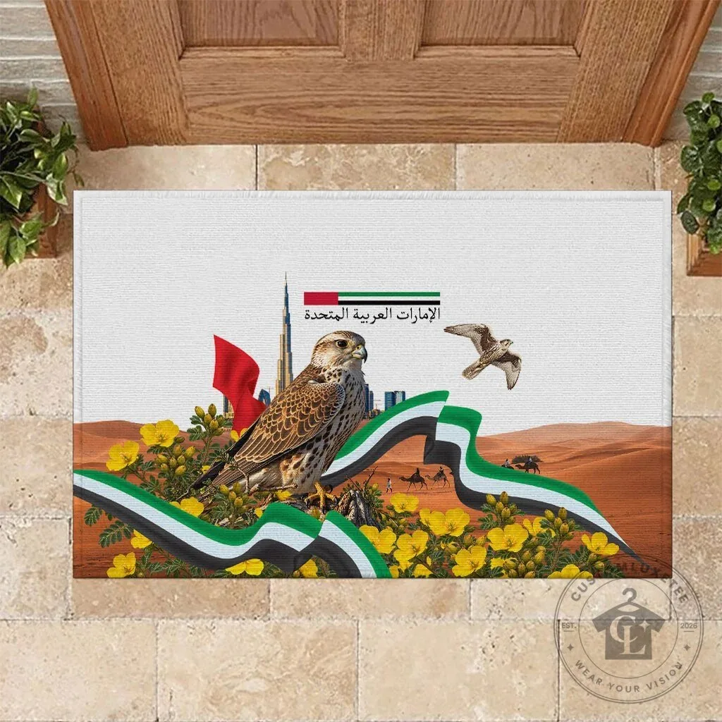 United Arab Emirates National Day Falcon and Burj Khalifa Desert Landscape Doormat