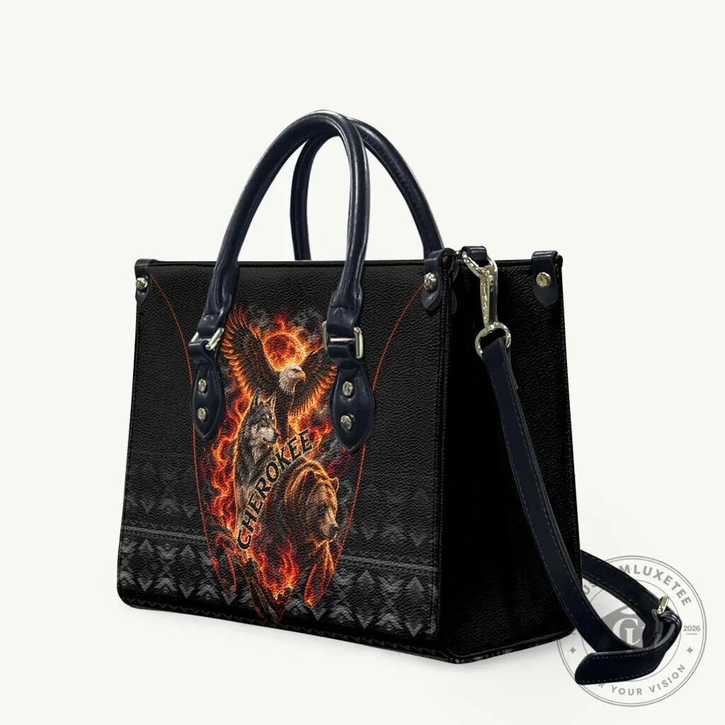 Cherokee Spirit Animals Leather Handbag with Fiery Tribal Art and Native Geometric Patterns