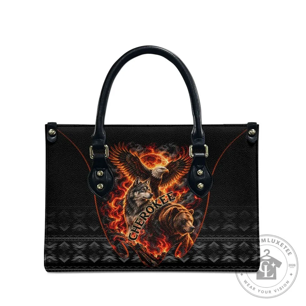Cherokee Spirit Animals Leather Handbag with Fiery Tribal Art and Native Geometric Patterns 11 Cherokee Spirit Animals Leather Handbag with Fiery Tribal Art and Native Geometric Patterns
