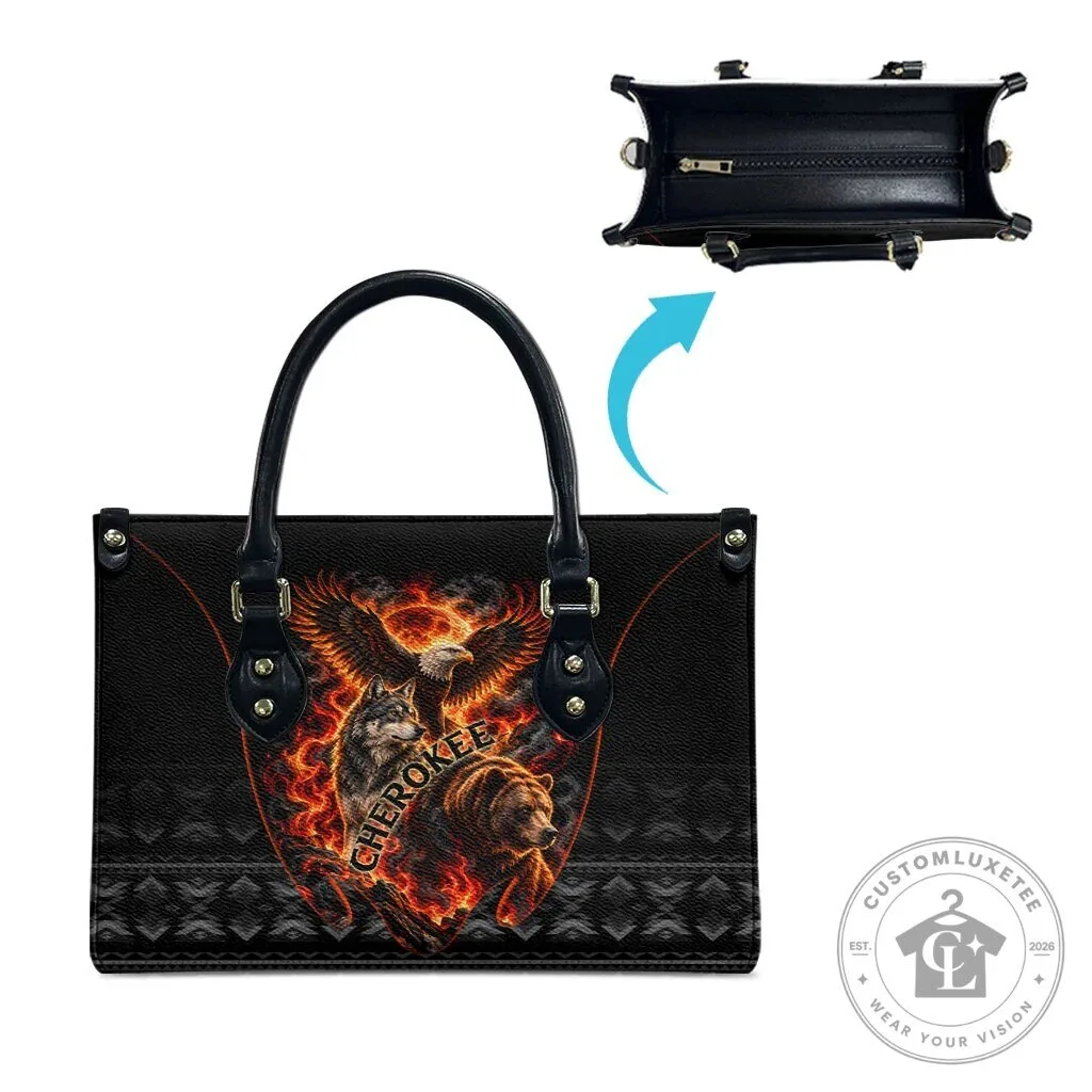 Cherokee Spirit Animals Leather Handbag with Fiery Tribal Art and Native Geometric Patterns 12 Cherokee Spirit Animals Leather Handbag with Fiery Tribal Art and Native Geometric Patterns