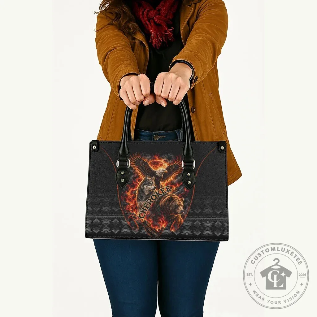 Cherokee Spirit Animals Leather Handbag with Fiery Tribal Art and Native Geometric Patterns 13 Cherokee Spirit Animals Leather Handbag with Fiery Tribal Art and Native Geometric Patterns
